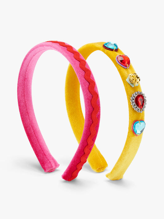 Stych Kids 2 Pk Pink And Yellow Velour Headbands With Jewel And Ric Rac Embellishment Detail