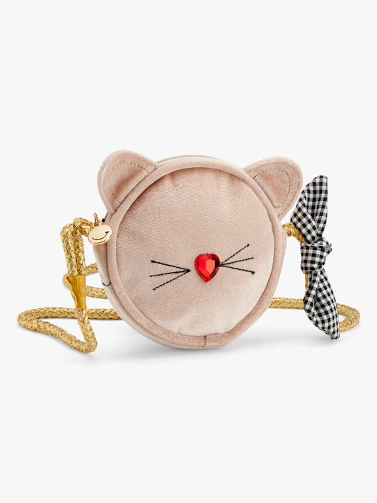 Stych Kids Cat Face & Gem Crossbody Bag Blush With Gold Lurex Strap And Bow Tie