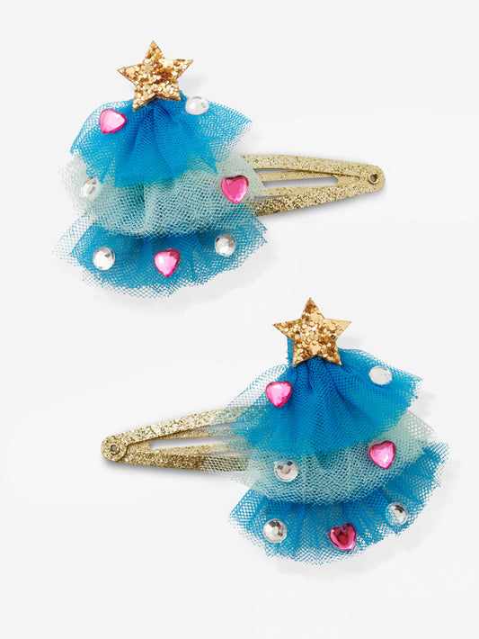 Stych Girl's Pack of 2 Christmas Tree Layered Tulle & Gem Hair Clips; Blue & Pink; one size