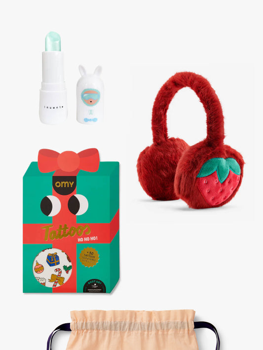 Stych Kids Ski Collection Gift Set of Red strawberry-shaped faux fur ear muffs, Christmas Tattoo Set, Cupcake flavour Lip balm in a stych gift bag