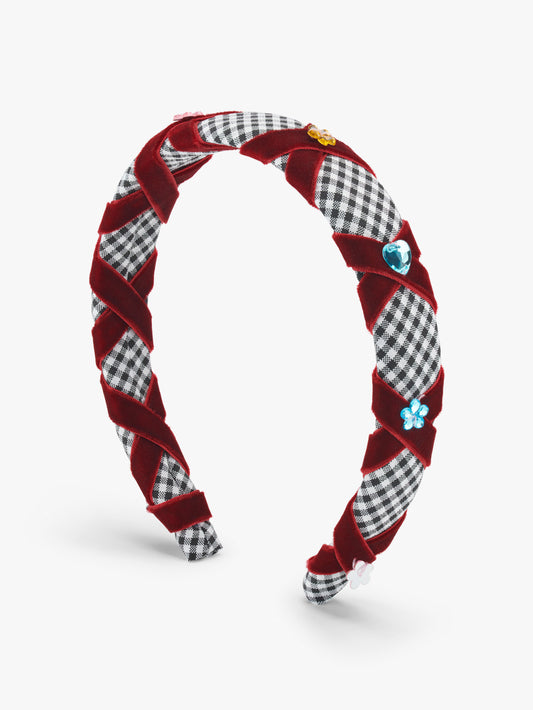Stych Kids Criss Cross Burgundy Velour And Gem Gingham Padded Headband