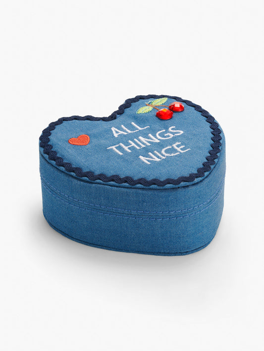 Stych Kids Denim Heart Jewellery Box With Ric Rac Trim, Cherry Jewels and Floral Lining