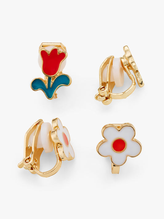 Stych Girls 2 Pair Clip On Earrings Red Tulip & White Daisy Enamel with Gold Tone Finish, One Size