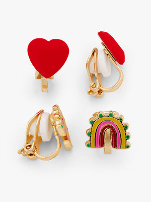 Stych Girls 2 Pair Clip On Earrings multicolour Rainbow & Red Heart  Enamel with Gold Tone Finish, One Size