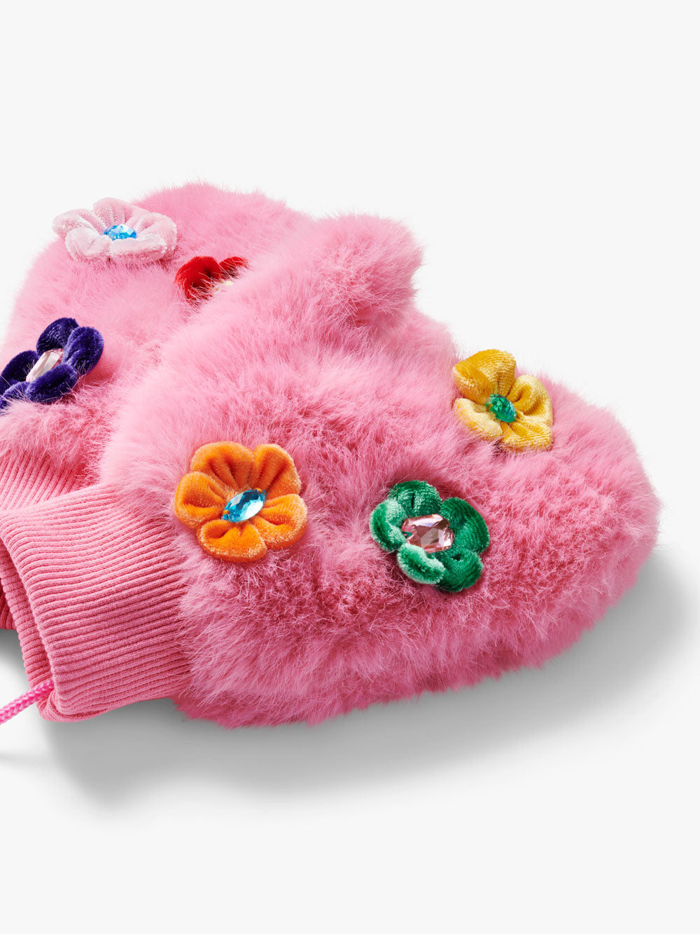 Flower Gem Faux Fur Mittens