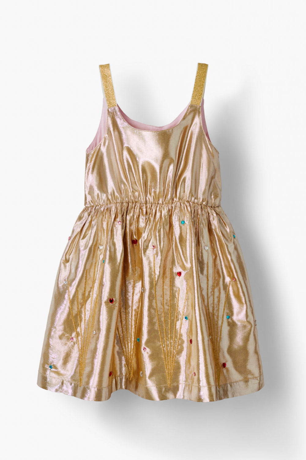 gold dress accessories Girls Gold Metallic Strappy Embroidered & Gem Party Dress