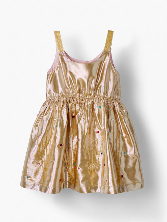 Stych Girls Gold Metallic Strappy Party Dress With Embroidery & Gems Detail; Sizes 3-4 years, 5-6 years, 7-8 years