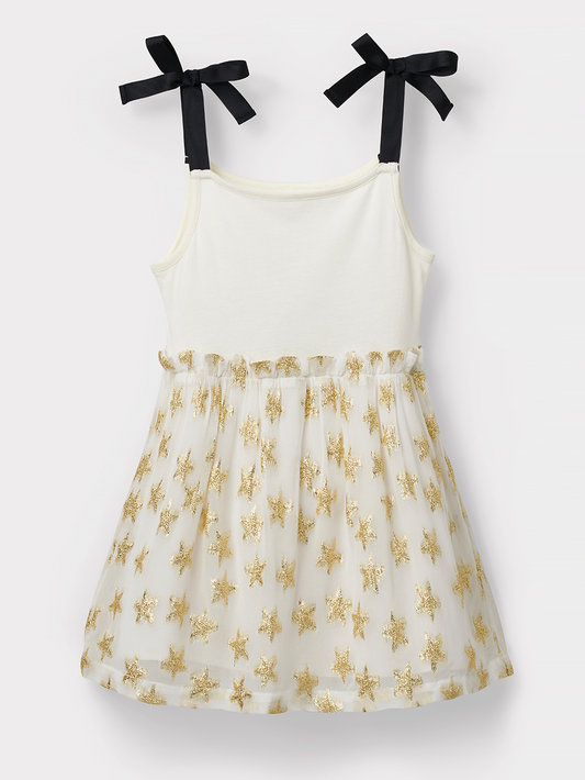Stych Girls' Cream & Gold Star Strappy Tulle Dress Ages 3-4 5-6 & 7-8 years
