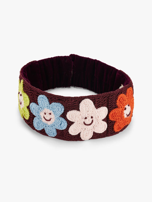 Stych Kid Crochet Wide Headband With Happy Flower Crochet Detail, Part Elasticated