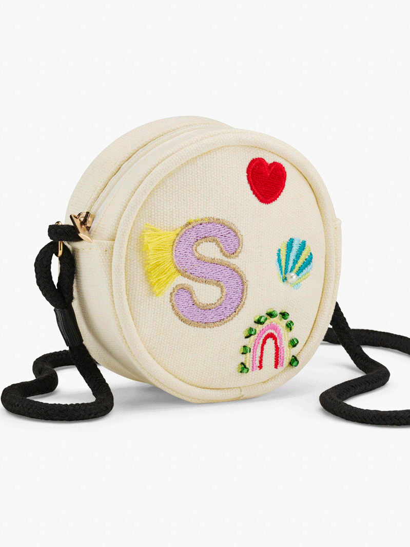Stych Girls Canvas White Initial Crossbody Bag Embroidery & Bead Detail, One Size