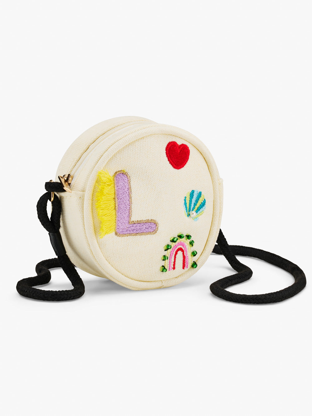 Stych Girls Canvas White Initial Crossbody Bag Embroidery & Bead Detail, One Size