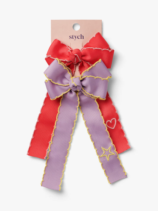 Long Bow Embroidered Hair Clip 2 Pack Set Lilac and Strawberry Red