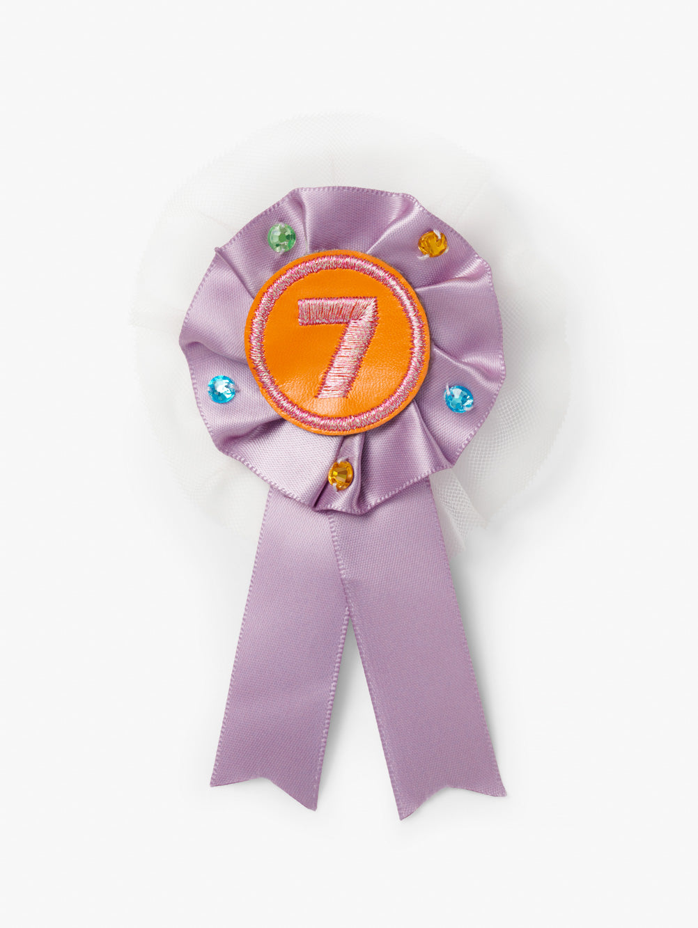 Stych Girls Birthday Number Lilac ribbon Rosette Pin Badge with decorative tulle and gems and a number 7 in the centre.
