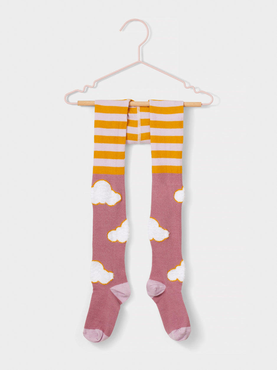 Stych Girl's Pair Of Tights, Mix Print With Texture Cloud Detail, Organic Cotton Mix ; 3 sizes