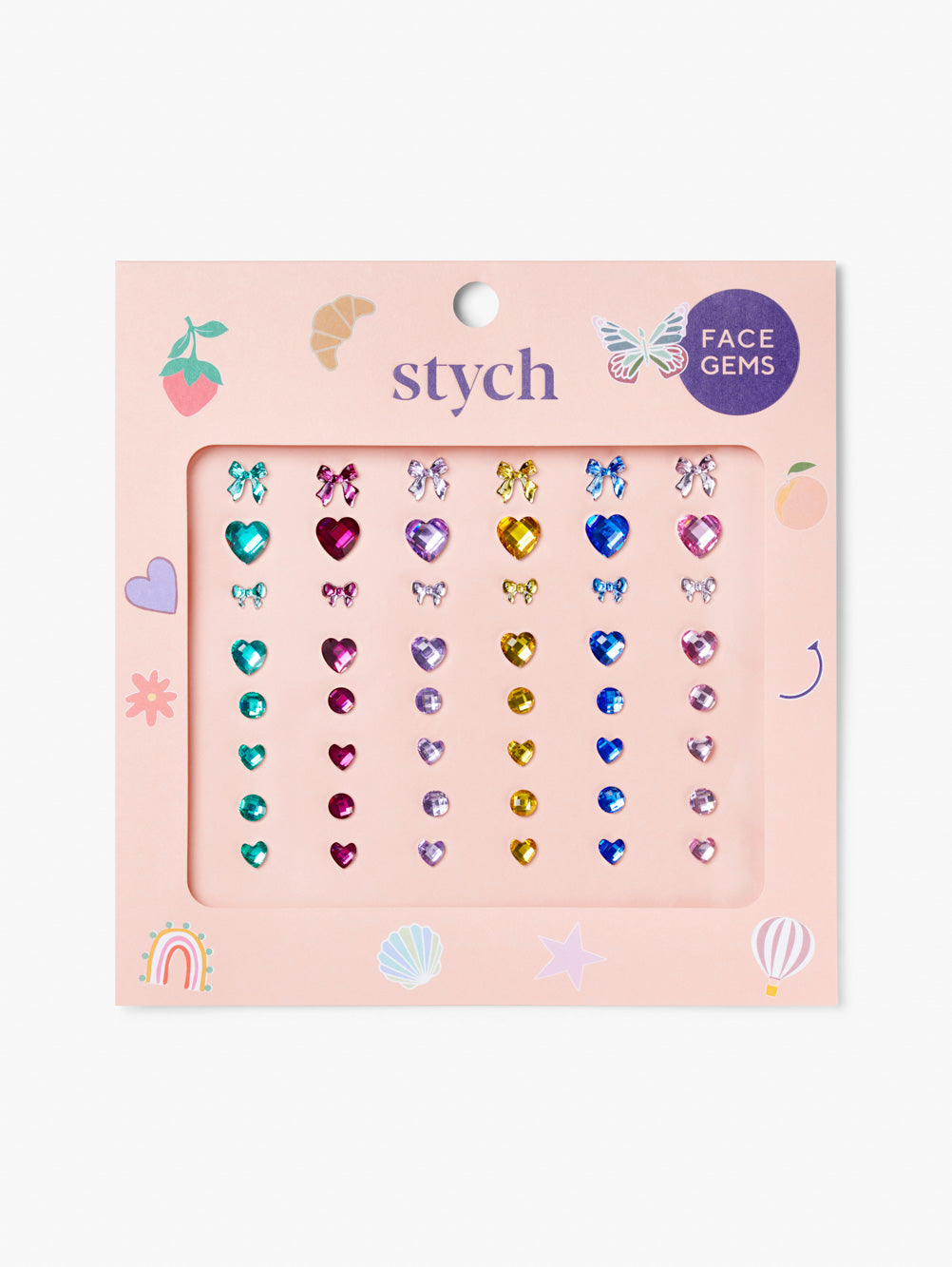 Pack of 48 face gems with colourful textured gems, hearts and bows