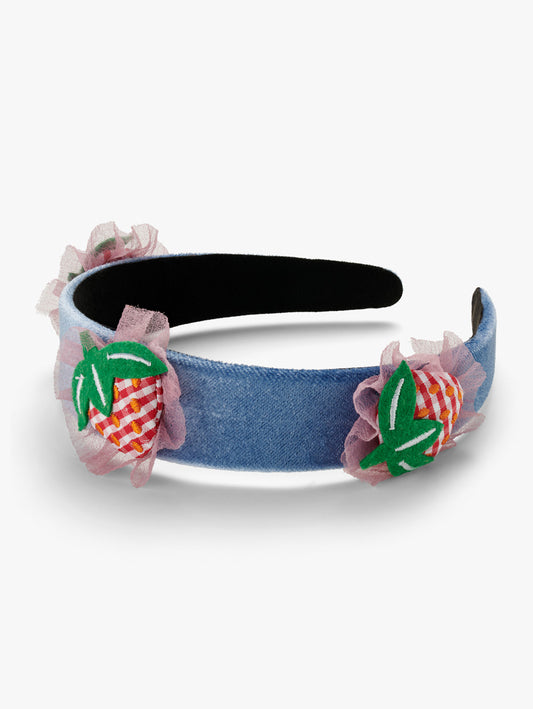 Stych Kids Blue Velour Headband With Strawberry Tulle Appliqué Patch Detail One Size