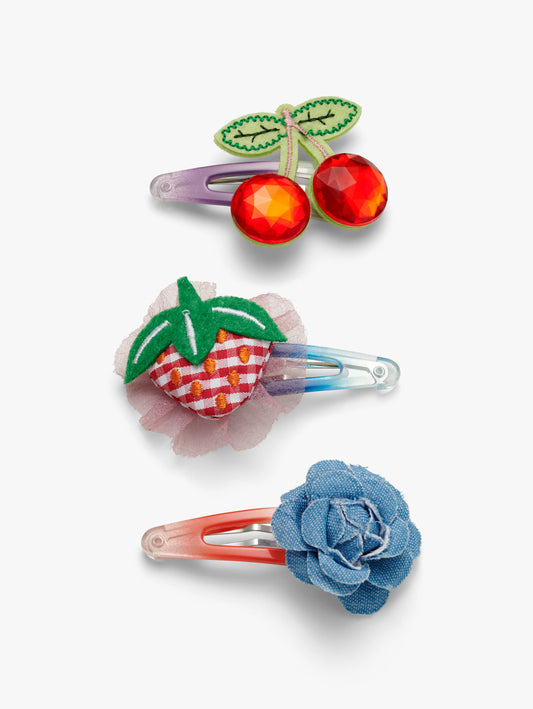 Stych Kids Pack of 3 Strawberry, Cherry & Rose Ombre Hair Clips With Embroidery, Jewel & 3D detail