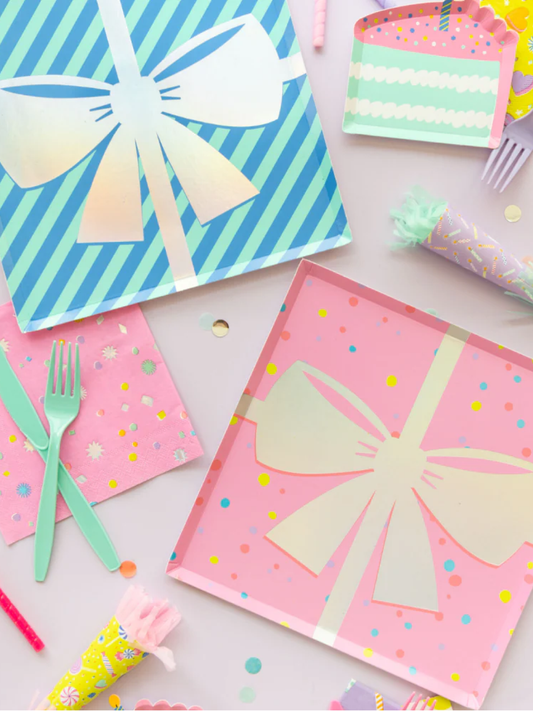 Stych Birthday Party Colourful silver foild bow on stripe and pink square dinner paper party plates Pack of 8 - Mix pack 4 of pink 4 of blue