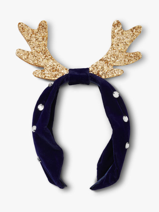 Stych Girl's Navy Blue Velour Wide Headband with Gems & Large Gold Sparkle Antlers