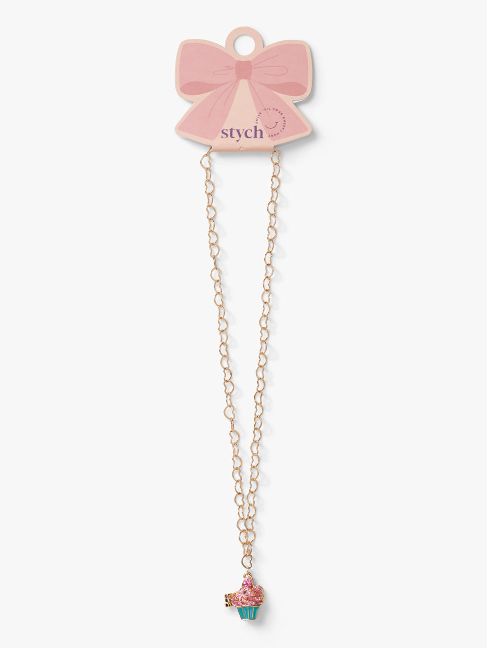 Stych Girls Gold tone Cupcake design decorative Locket Necklace in pink glitter and blues, set on a heart shape chain.