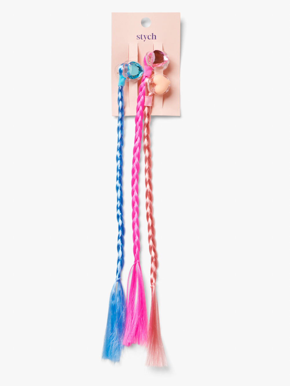 Stych Girls 3 Pack Faux Hair Plaits blue, pink and peack, with heart gem hair claw clips.