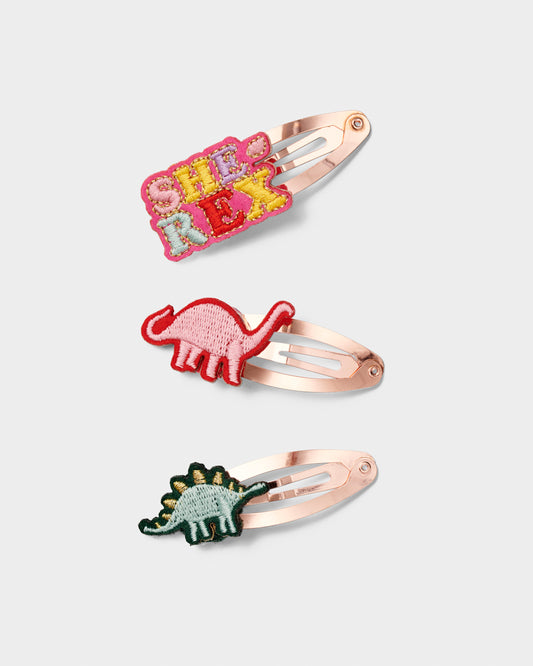 Stych Girls' She Rex Embroidered Patch Hair Clip Set 3 pk Multi colour