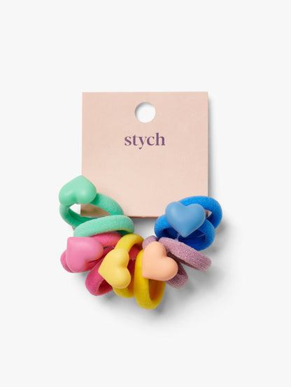 Stych Girls Pack of 10 rainbow colour soft nylon hairbands with heart adornments. 