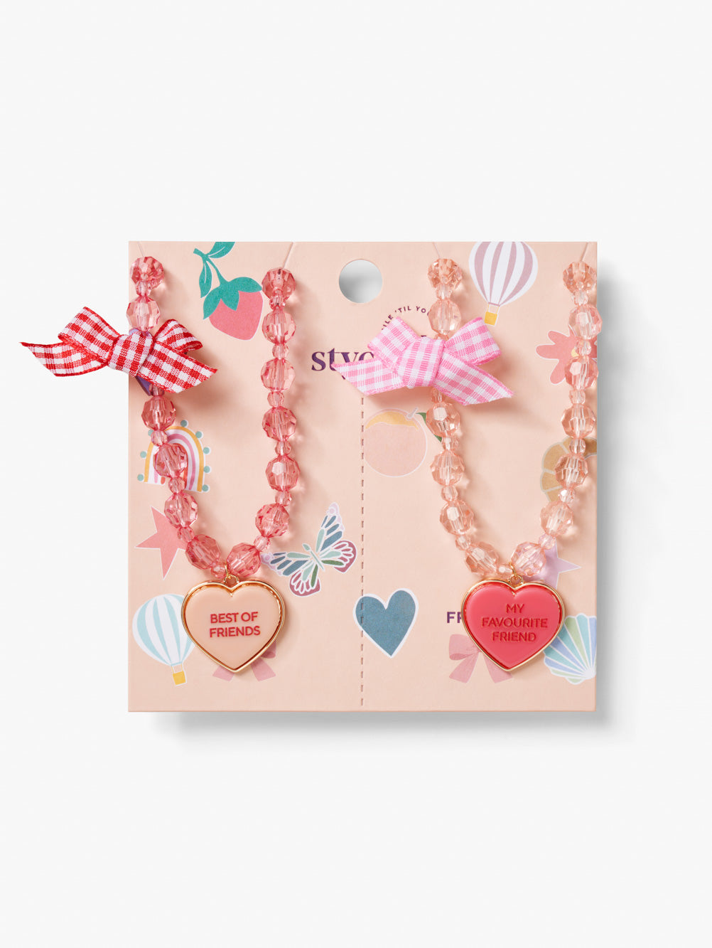 Stych Girls decorative gift carded set of 2  Best Friends Forever pink necklaces, with slogan heart charms set on a texture bead chain with gingham bow detail. Adjustable chain, gift card is perforated for sharing with your bestie. 
