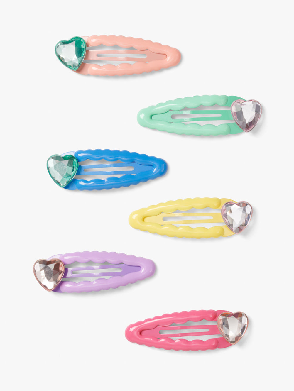 Stych Set of 6 rainbow colour hair clips with heart colour gems 