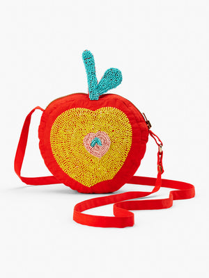 Stych Girls Red Round Crossbody Apple Bag With Beaded Embelishment , Zip Closure.