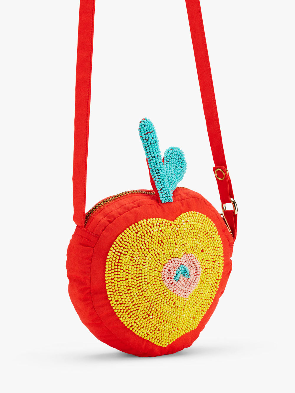 Stych Girls Red Round Crossbody Apple Bag With Beaded Embelishment , Zip Closure.