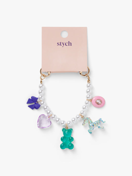 Stych Kids Bag Charm with colour character charms of Teddy, Unicorn, Bow, Gema and Heart with gold clasp for attaching