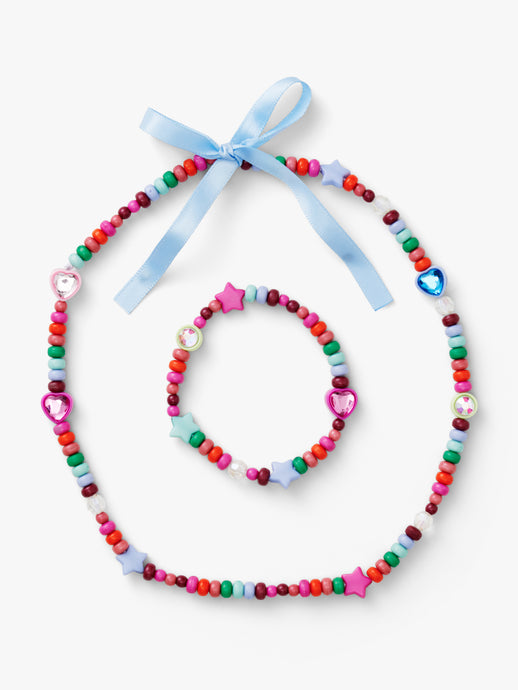 Stych Girl's Gem Heart & Star Rainbow Beaded Necklace & Bracelet Jewellery Set, Elasticated, One size, multi colour 