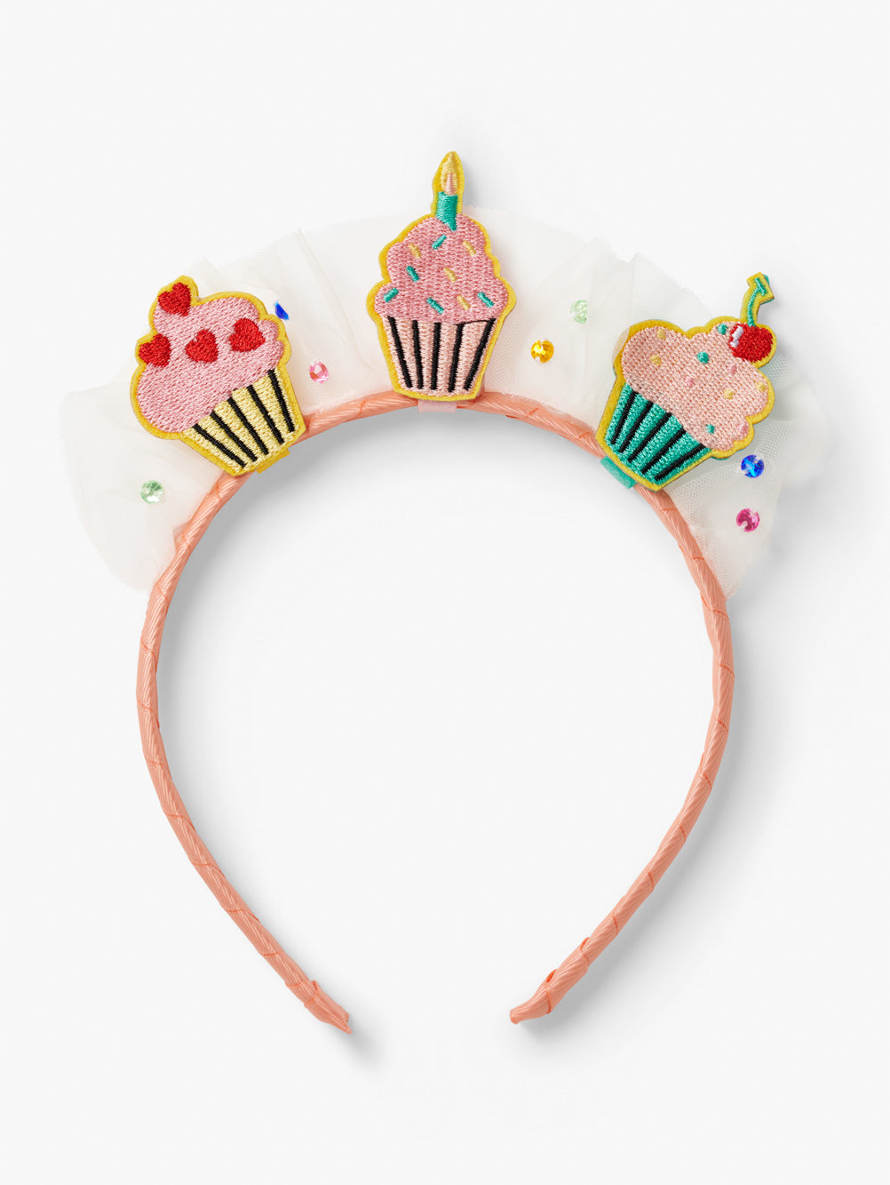 Stych Decorative Birthday crown headband with three embroidered patch cupcake designs, ruffled tulle and gem details.