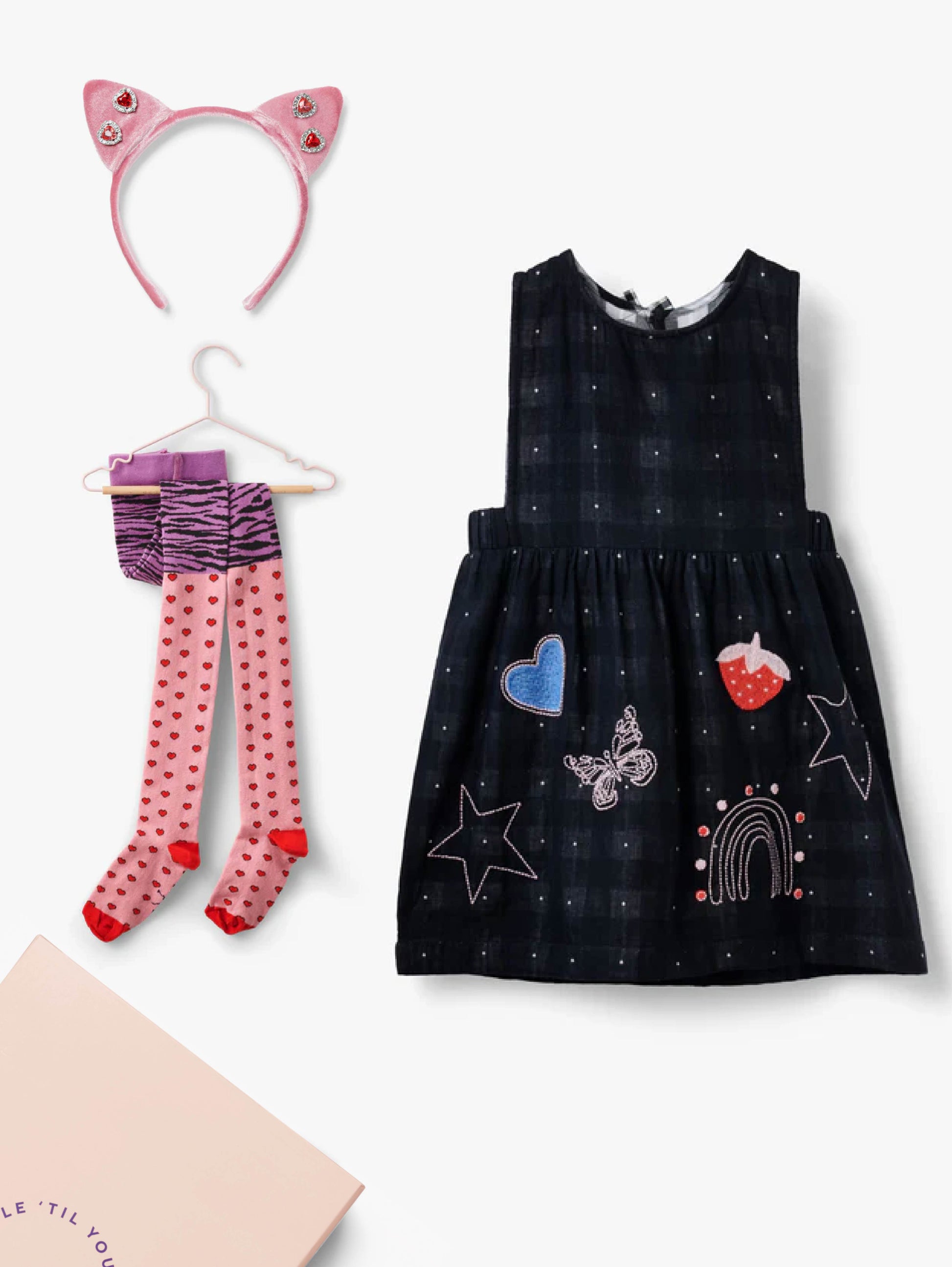 Stych Girls Black & gingham dress with embroidered colourful patches, Pink Gem Cat Ears Headband and Heart and Zebra stripe tights, gifted in a box 