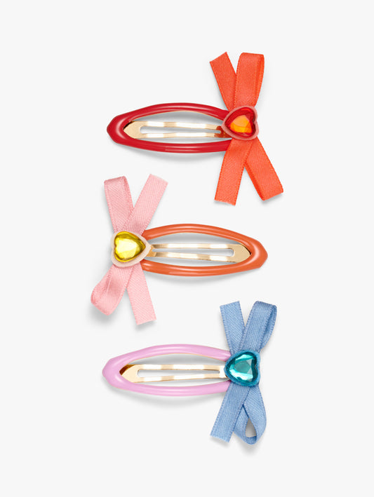Stych Girl's Pack of three colouful hair clips with decorative bows and heart gems