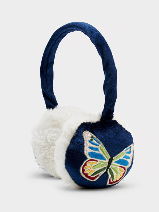 Stych Girl's Navy Velour Earmuffs With Butterfly Embroidered Detail, One Size Adjustable Height