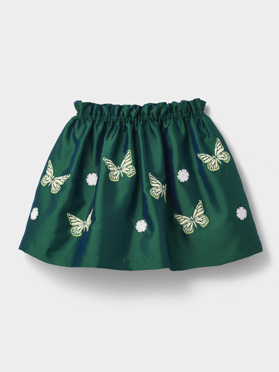 Stych Girl's Green Taffeta Lined  Skirt With Butterfly Embroidery Applique Elasticated Waistband Ages 3-5 & 6-8 years