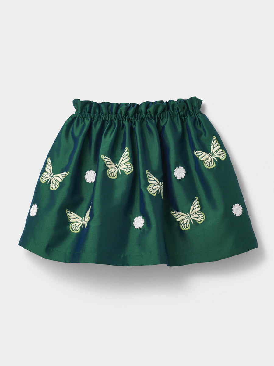 Stych Girl's Green Taffeta Lined  Skirt With Butterfly Embroidery Applique Elasticated Waistband Ages 3-5 & 6-8 years