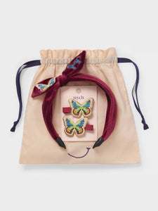 Girl's Red Velvet Embroidered Butterfly & Unicorn Hair Gift Set 
