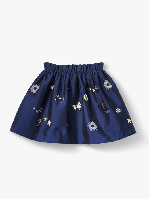 Stych Girls' Navy Blue Taffeta Skirt With Gold Thread Embroidery Applique Details, Elasticated Waistband, Lined, Sizes 3-5 & 6-8 years