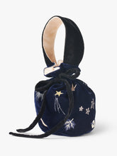 Load image into Gallery viewer, Stych Girl&#39;s Navy &amp; Black Velvet Celestial Star Embroidered Bucket Bag with Handle, Drawstring &amp; Tie closure ; one size