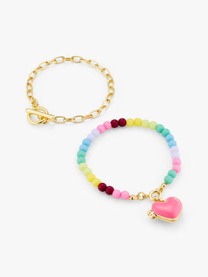 Stych Girls 2 Piece Multi-colour Beaded & Gold Tone Link Chain Bracelet Set With Heart Locket Charm, One Size