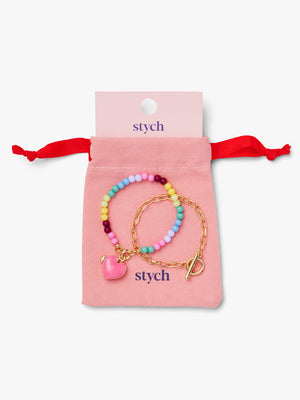 Stych Girls 2 Piece Multi-colour Beaded & Gold Tone Link Chain Bracelet Set With Heart Locket Charm, One Size