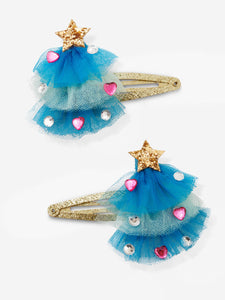Stych Girl's Pack of 2 Christmas Tree Layered Tulle & Gem Hair Clips; Blue & Pink; one size 