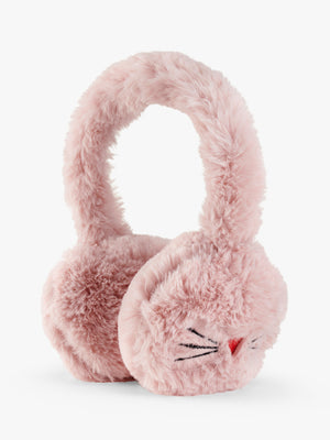 Stych Girl's Pink Faux Fur Earmuffs With Cat Face Embroidery Detail, Adjustable Height 