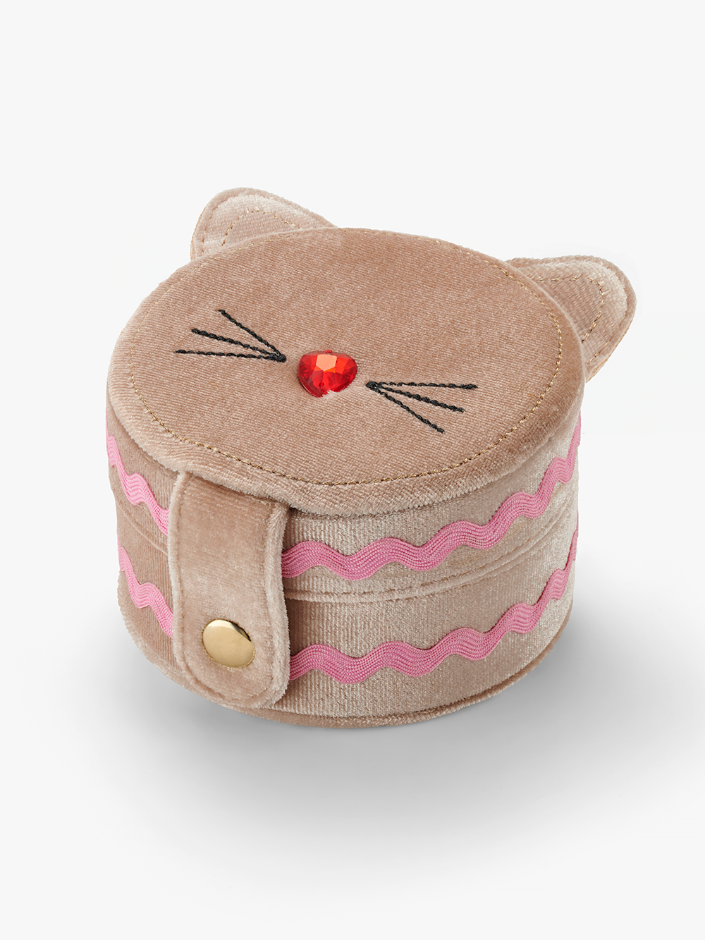 Stych Kids Cat Face Ric Rac Trim Round Blush Velour Jewellery Box