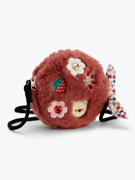 Stych Kids Cat And Flower Crochet Patch Faux Fur Crossbody Bag With Bow Detail Strap 