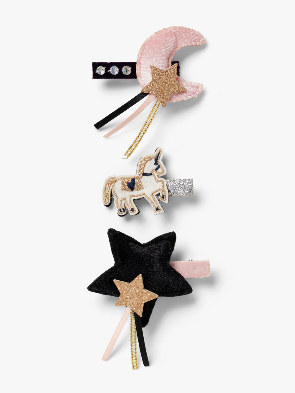 Stych Girl's Velour Pink & Navy Patch Star, Unicorn & Moon Celestial Clips Pack of 3, one size 