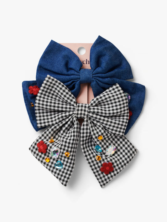 2 Pack Oversized Bow Hair Clips Gingham and Chambray